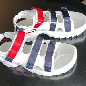 Fila White Sandals with Red and Navy Velcro Straps